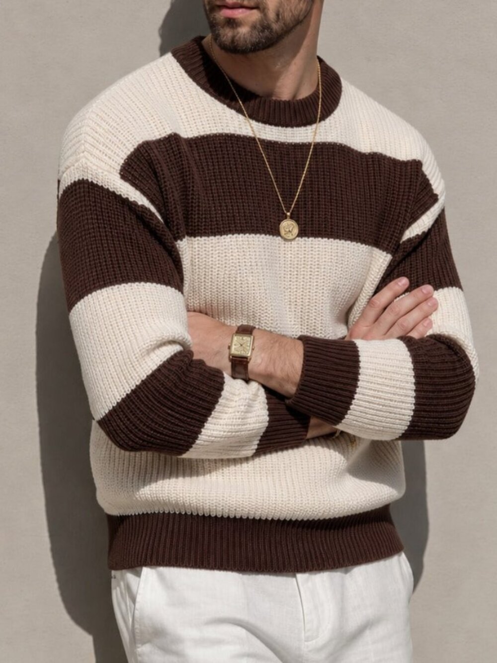 Brown Casual Men's Colorblock Drop Shoulder Rib-Knit Crew Neck Sweater